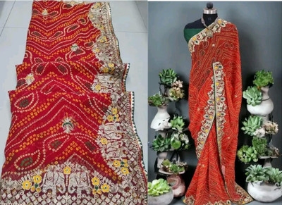 Clever Clothing Dyed, Embroidered, Embellished, Floral Print Bandhani Georgette Saree(Pack of 2, Red)