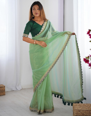 Samah Dyed, Embellished, Self Design Bollywood Jimmy choo, Net Saree(Green)