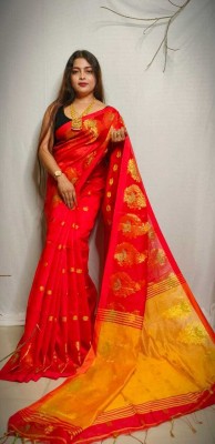 PRAVATI FASHION Embroidered Handloom Cotton Silk Saree(Yellow, Red)