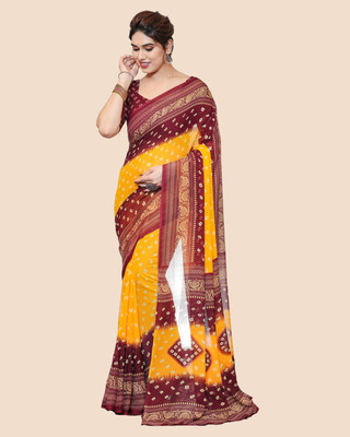 kashvi sarees Ombre, Paisley, Printed Bandhani Georgette Saree(Yellow, Brown)