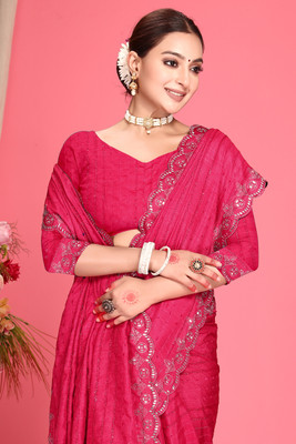 DS Creations Striped, Embellished, Embroidered Bollywood Georgette Saree(Pink)