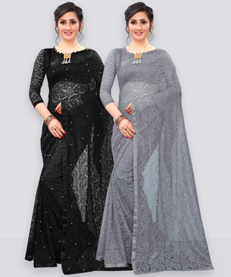 LOROFY Self Design Bollywood Net Saree(Pack of 2, Black, Grey)