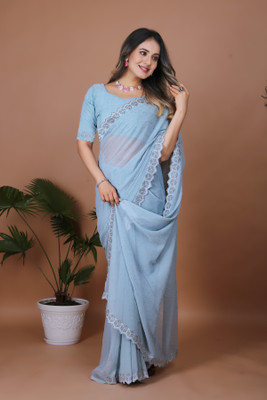 K D F Embellished, Self Design Bollywood Georgette Saree(Light Blue)