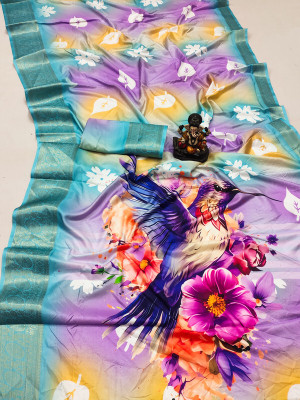 wonaari Digital Print Daily Wear Cotton Silk Saree(Blue)