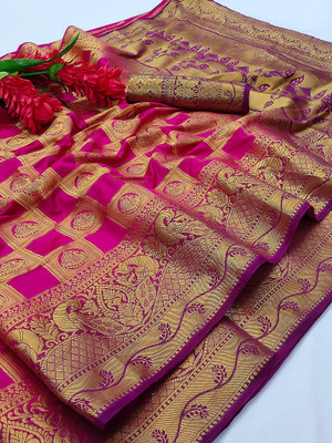 Divastri Printed Banarasi Cotton Silk Saree(Purple, Pink)