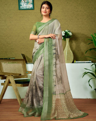 SIRIL Digital Print, Floral Print, Embellished Bollywood Linen Saree(Green)