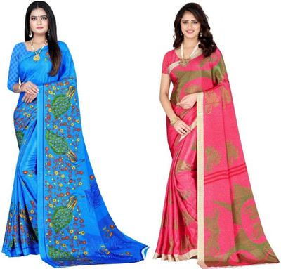 Leelavati Printed Daily Wear Crepe Saree(Pack of 2, Light Blue, Pink)