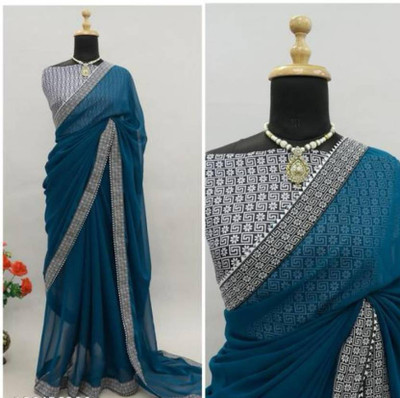 Sanvi Creations Solid/Plain Saree with Attached Blouse Georgette Saree(Blue)