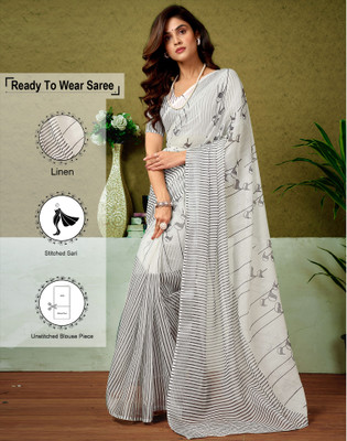 Satrani Floral Print, Printed, Embellished Bollywood Linen Saree(Black, White)