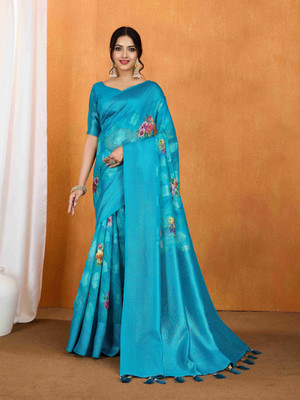 Pari Prints Woven Banarasi Cotton Silk Saree(Blue)