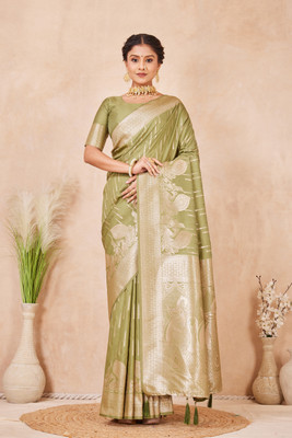 Heirlooms Woven, Self Design Banarasi Pure Silk Saree(Light Green)