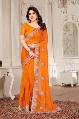 Mikhushop Embroidered Bollywood Silk Blend Saree(Orange)