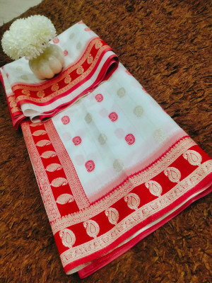A K Traders Woven, Embellished, Floral Print Banarasi Pure Silk Saree(White, Red)