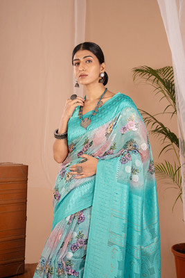 WISHLIST Digital Print Bollywood Cotton Blend Saree(Light Blue)