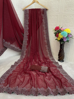 VEERAIVA Embellished Bollywood Chiffon Saree(Maroon)