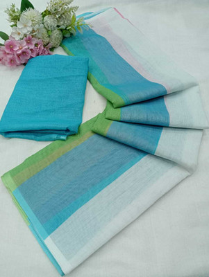 AARAANA Floral Print, Striped Kanjivaram Linen, Cotton Linen Saree(Blue)