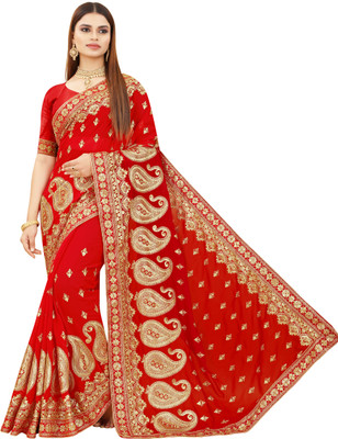 b bella creation Self Design, Embroidered Bollywood Georgette Saree(Red, Gold)