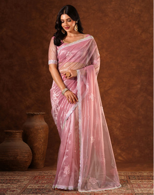 Satrani Embroidered Bollywood Net Saree(Pink)