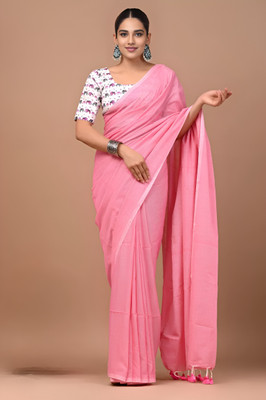 Trndysares Solid/Plain Handloom Cotton Blend Saree(Pink)