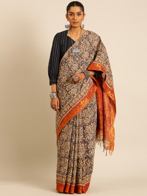 Taavi Blocked Printed Kalamkari Pure Cotton Saree(Multicolor)