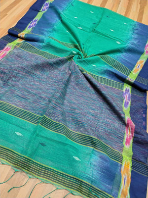 nebadita Self Design Ikkat Cotton Linen Saree(Green)