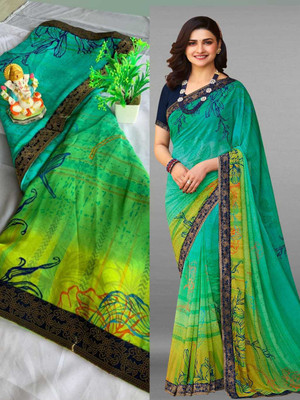 BLEESBURY Floral Print Bollywood Georgette, Chiffon Saree(Light Green)
