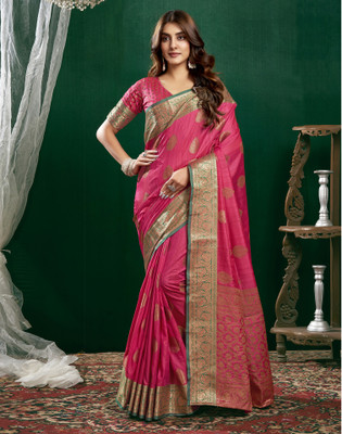 Satrani Woven, Embellished, Self Design Patola Silk Blend Saree(Pink, Green)