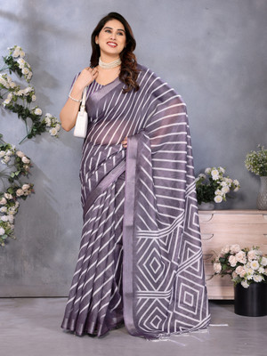 TANURI Floral Print Bollywood Cotton Linen, Art Silk Saree(Purple)