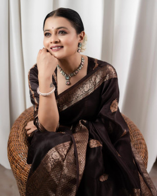 Khodal Zari Work Woven Kanjivaram Jacquard, Pure Silk Saree(Brown)