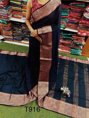 AMIT STORE Self Design Handloom Cotton Silk Saree(Blue, Gold)