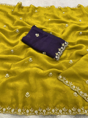 K 5 FASHION Embroidered, Embellished, Dyed Bollywood Chiffon Saree(Yellow)