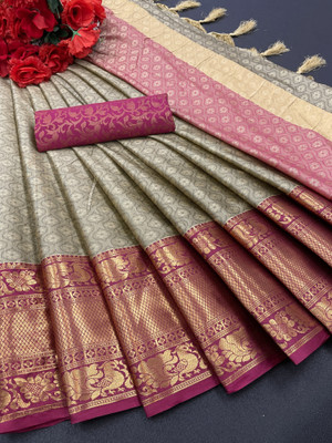 Wamsi Woven Banarasi Cotton Silk, Art Silk Saree(Grey)