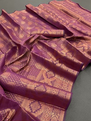 Varni Enterprise Woven Kanjivaram Jacquard, Cotton Silk Saree(Purple, Gold, Silver)