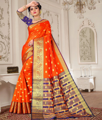 URJAZONE Printed Banarasi Pure Silk, Cotton Silk Saree(Orange)
