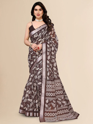 Moda Rapido Printed Bollywood Linen Saree(Brown, White)