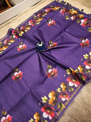 WILLMAKE Printed, Applique, Embellished, Floral Print, Woven Bollywood Cotton Linen Saree(Purple)