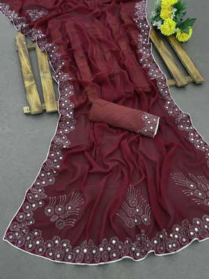 VEERAIVA Solid/Plain Bollywood Georgette Saree(Maroon)