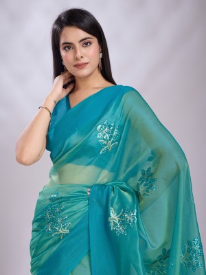 Tasrika Embroidered, Embellished Handloom Organza Saree(Light Blue)