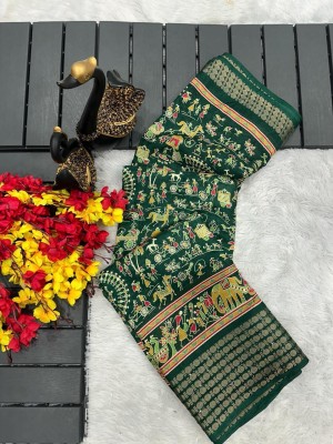 Reeta Fashion Printed Bollywood Pure Silk Saree(Green, Beige)