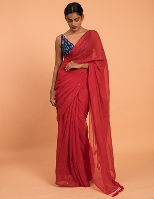Suta Self Design Handloom Pure Cotton Saree(Red)