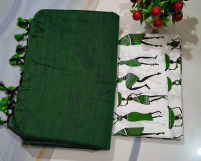 HouseOfCommon Solid/Plain Handloom Cotton Blend Saree(Pack of 2, Dark Green)