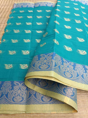 KhayaFashion Woven Tant Pure Cotton Saree(Light Blue)