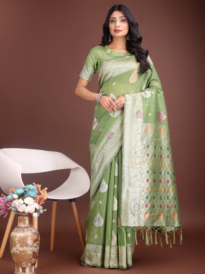 Divastri Woven Banarasi Cotton Linen Saree(Green)