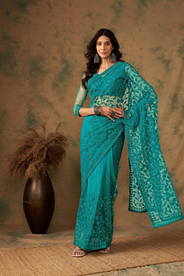 HERE&NOW Solid/Plain Banarasi Net Saree(Light Green)
