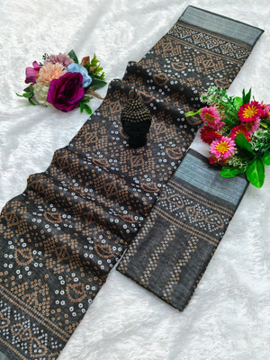 HangerStories Printed Bollywood Linen, Cotton Linen Saree(Black)
