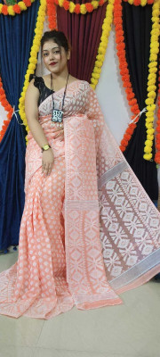 OWALID Self Design Jamdani Cotton Silk Saree(White, Orange)