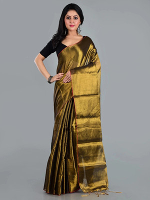 Shaw Creation Solid/Plain Handloom Handloom Tissue Saree(Gold)
