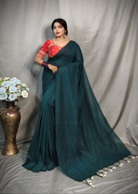 PRAVATI FASHION Solid/Plain Handloom Cotton Blend Saree(Green)
