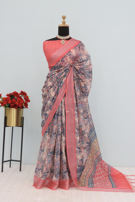 Pihaan Digital Print Daily Wear Linen Saree(Multicolor)
