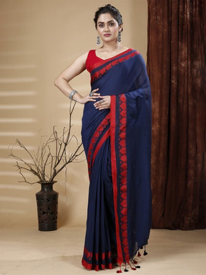 makalitraders Self Design Handloom Pure Cotton Saree(Dark Blue, Red)